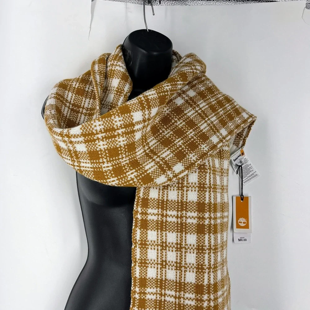 Timberland Mens Plaid Knit Scarf Wheat Logo Patch Ribbed Trim NWT
